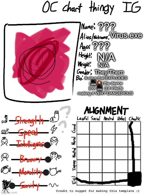 (mod note: PEAK OC) | ??? Virus.exe; ??? N/A; N/A; They/Them; A virus that EXPLODES (💻💥) the device [not 💻 :(] it infects making it VERY DANGEROUS; Credit to nugget for making this template :) | image tagged in nugget s oc chart thingy ig | made w/ Imgflip meme maker