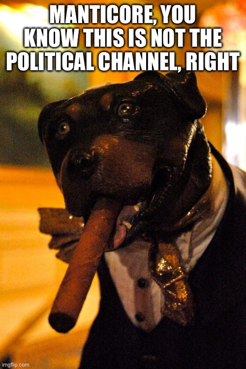 Triumph the insult dog | MANTICORE, YOU KNOW THIS IS NOT THE POLITICAL CHANNEL, RIGHT | image tagged in triumph the insult dog | made w/ Imgflip meme maker