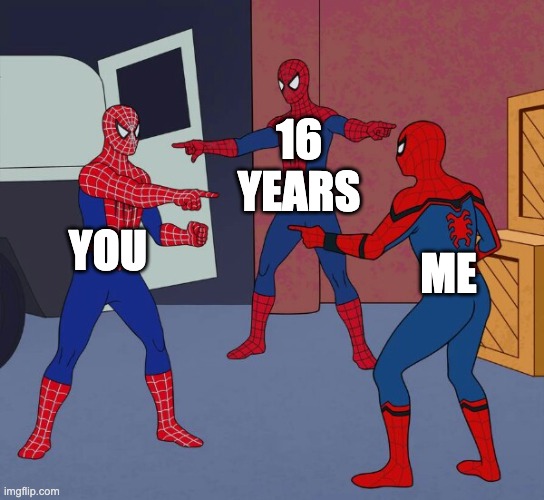 Spider Man Triple | YOU 16 YEARS ME | image tagged in spider man triple | made w/ Imgflip meme maker