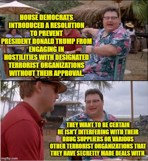 Leftists ARE fairly transparent. | HOUSE DEMOCRATS INTRODUCED A RESOLUTION TO PREVENT PRESIDENT DONALD TRUMP FROM ENGAGING IN HOSTILITIES WITH DESIGNATED TERRORIST ORGANIZATIONS WITHOUT THEIR APPROVAL. THEY WANT TO BE CERTAIN HE ISN'T INTERFERING WITH THEIR DRUG SUPPLIERS OR VARIOUS OTHER TERRORIST ORGANIZATIONS THAT THEY HAVE SECRETLY MADE DEALS WITH. | image tagged in see nobody cares | made w/ Imgflip meme maker