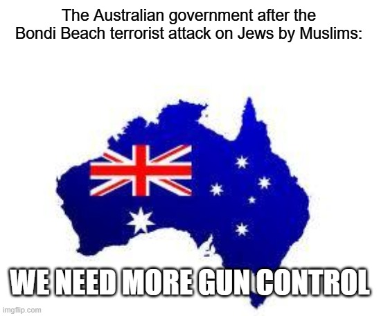 australia | The Australian government after the Bondi Beach terrorist attack on Jews by Muslims: WE NEED MORE GUN CONTROL | image tagged in australia | made w/ Imgflip meme maker
