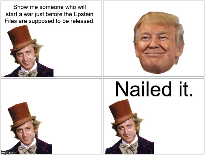 Nailed It Wonka | Show me someone who will start a war just before the Epstein Files are supposed to be released. | image tagged in nailed it wonka | made w/ Imgflip meme maker