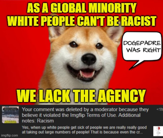 Sounds stupid doesn't it, The word people is now racist | AS A GLOBAL MINORITY WHITE PEOPLE CAN'T BE RACIST; WE LACK THE AGENCY | image tagged in moderators,racist,racism,bias,double standard,double standards | made w/ Imgflip meme maker