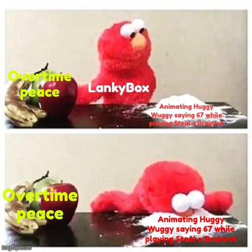 How I (JustAnEasyMaze) Describes LankyBox (2025) | Overtime peace; LankyBox; Animating Huggy Wuggy saying 67 while playing Steal a Brainrot; Overtime peace; Animating Huggy Wuggy saying 67 while playing Steal a Brainrot | image tagged in elmo cocaine,lankybox,67,huggy wuggy,brainrot,italian brainrot | made w/ Imgflip meme maker