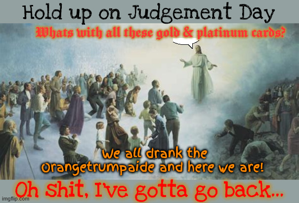 Mary always said there would be days likes | Hold up on Judgement Day; Whats with all these gold & platinum cards? We all drank the Orangetrumpaide and here we are! Oh shit, I've gotta go back... | image tagged in mary always said there would be days likes,you can't merry christmas,fruitcake,war on christmas,merry grinchmas,maga nutcraker | made w/ Imgflip meme maker