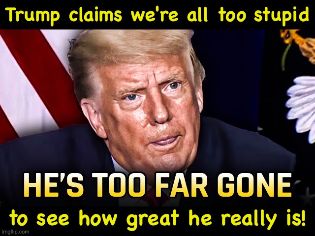 https://m.youtube.com/watch?v=pVI-5LX6OnU&pp=0gcJCR4Bo7VqN5tD | Trump claims we're all too stupid; to see how great he really is! | image tagged in stupid trump | made w/ Imgflip meme maker