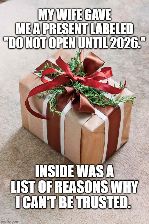 Christmas Trust | MY WIFE GAVE ME A PRESENT LABELED
"DO NOT OPEN UNTIL 2026."; INSIDE WAS A LIST OF REASONS WHY I CAN'T BE TRUSTED. | image tagged in christmas trust | made w/ Imgflip meme maker