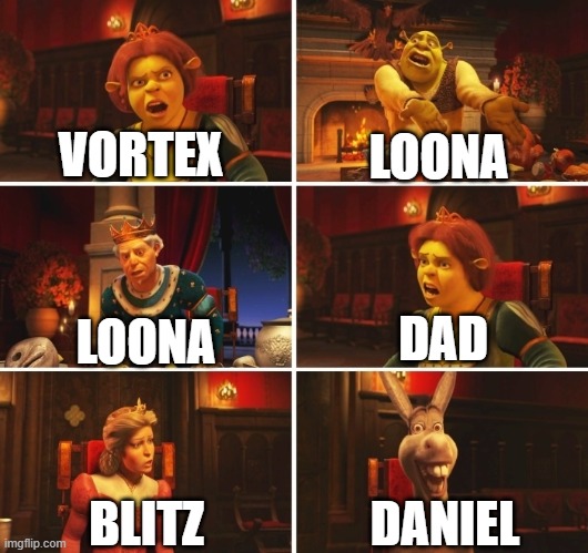 family be like | VORTEX; LOONA; DAD; LOONA; DANIEL; BLITZ | image tagged in shrek fiona harold donkey,helluva boss,family,in laws | made w/ Imgflip meme maker