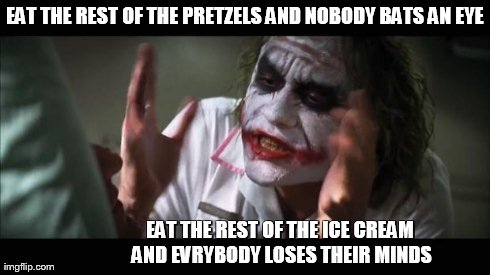 And everybody loses their minds Meme | EAT THE REST OF THE PRETZELS AND NOBODY BATS AN EYE EAT THE REST OF THE ICE CREAM AND EVRYBODY LOSES THEIR MINDS | image tagged in memes,and everybody loses their minds | made w/ Imgflip meme maker