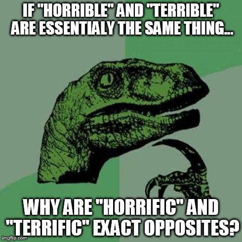 Philosoraptor | IF "HORRIBLE" AND "TERRIBLE" ARE ESSENTIALY THE SAME THING... WHY ARE "HORRIFIC" AND "TERRIFIC" EXACT OPPOSITES? | image tagged in memes,philosoraptor | made w/ Imgflip meme maker