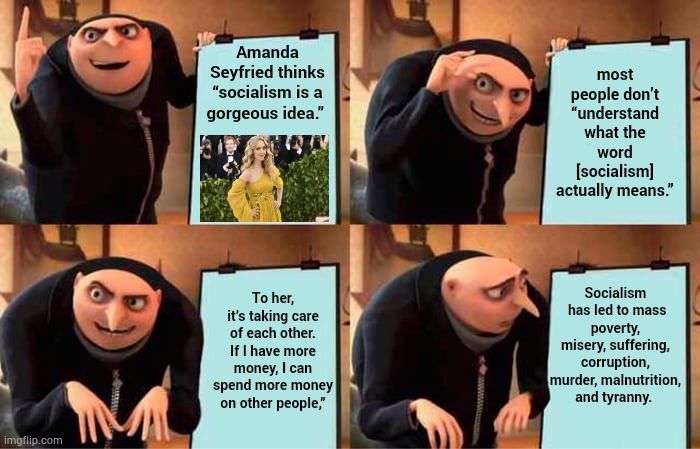 More Hollywood Hype...That's Just Plain Wrong | Amanda Seyfried thinks “socialism is a gorgeous idea.”; most people don’t “understand what the word [socialism] actually means.”; Socialism  has led to mass poverty, misery, suffering, corruption, murder, malnutrition, and tyranny. To her, it’s taking care of each other. If I have more money, I can spend more money on other people,” | image tagged in memes,gru's plan,hollywood,hype,socialism,so wrong | made w/ Imgflip meme maker