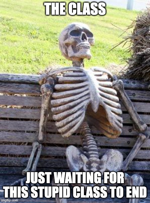 true | THE CLASS; JUST WAITING FOR THIS STUPID CLASS TO END | image tagged in memes,waiting skeleton,school | made w/ Imgflip meme maker