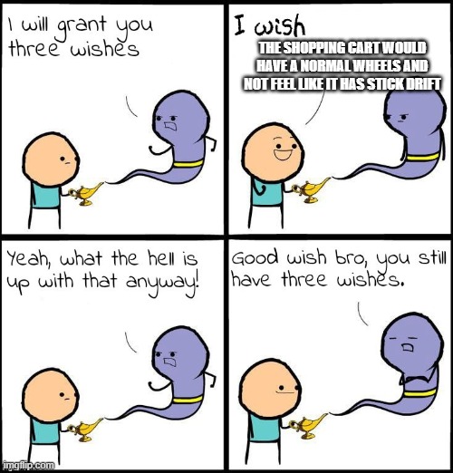 Its always the front left or right wheel | THE SHOPPING CART WOULD HAVE A NORMAL WHEELS AND NOT FEEL LIKE IT HAS STICK DRIFT | image tagged in good wish bro,meme | made w/ Imgflip meme maker