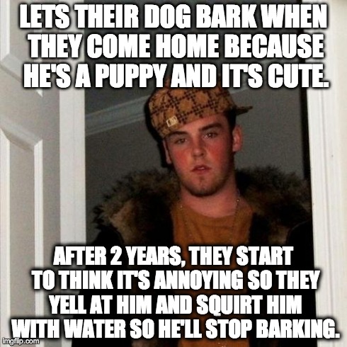 Scumbag Steve | LETS THEIR DOG BARK WHEN THEY COME HOME BECAUSE HE'S A PUPPY AND IT'S CUTE. AFTER 2 YEARS, THEY START TO THINK IT'S ANNOYING SO THEY YELL AT | image tagged in memes,scumbag steve,AdviceAnimals | made w/ Imgflip meme maker