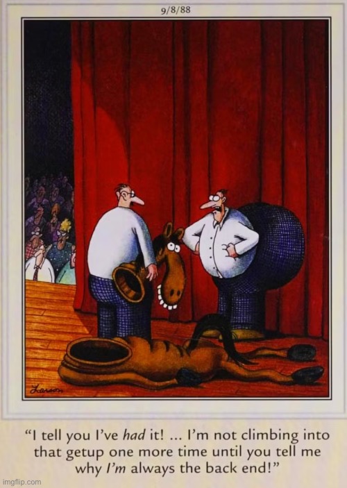 The answer is pretty obvious… | image tagged in the far side,comics,horse costume,back end,big butt | made w/ Imgflip meme maker