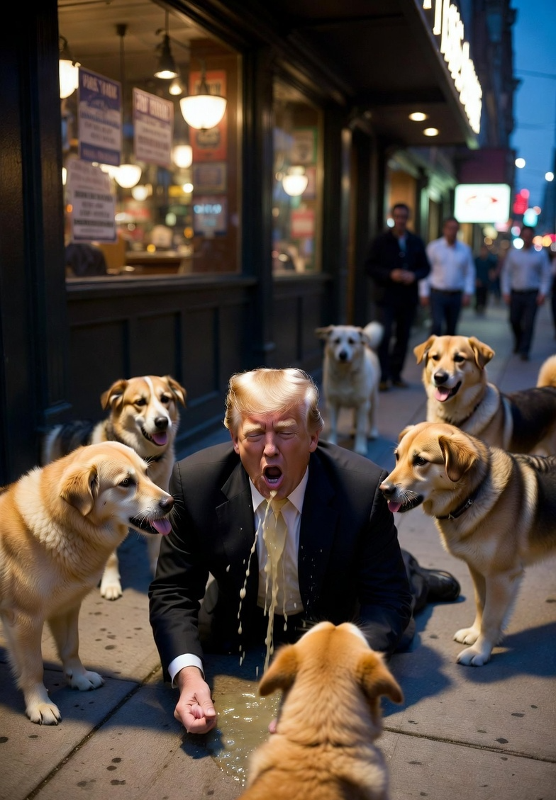 Donald Trump puking while MAGA dogs lap it up Blank Meme Template
