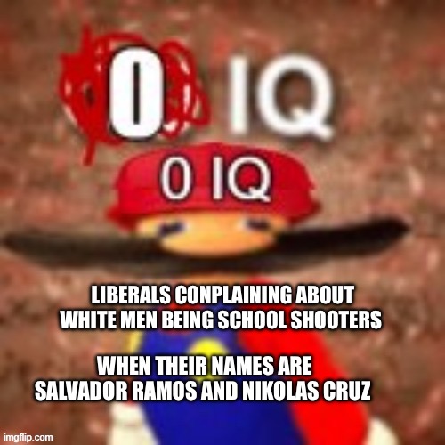 Bottom tier intelligence | LIBERALS COMPLAINING ABOUT WHITE MEN BEING SCHOOL SHOOTERS; WHEN THEIR NAMES ARE SALVADOR RAMOS AND NIKOLAS CRUZ | image tagged in zero iq,crime,statistics,mass shooting | made w/ Imgflip meme maker