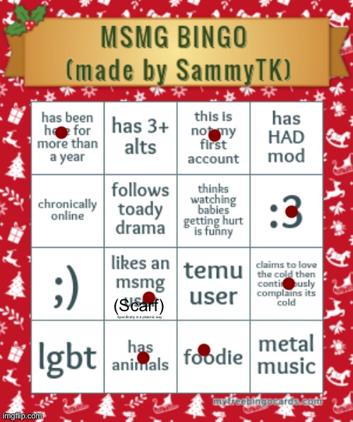 (Read the fine print under Scarf btw) | (Scarf); Specifically in a platonic way | image tagged in sam's msmg bingo | made w/ Imgflip meme maker