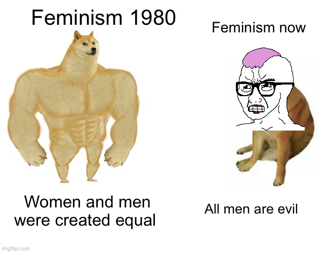 Not to mention kicking fathers out of the house | Feminism 1980; Feminism now; Women and men were created equal; All men are evil | image tagged in memes,buff doge vs cheems,feminism | made w/ Imgflip meme maker