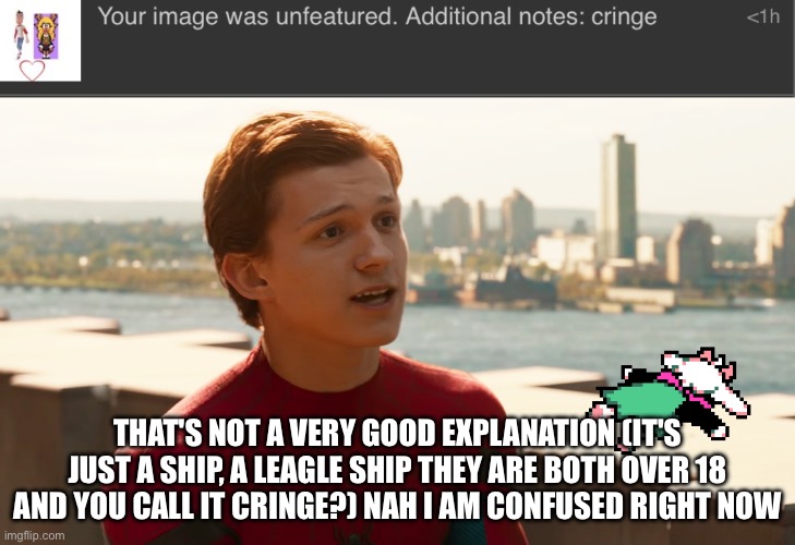 Mods please check on that guy he's (maybe) breaking a rule | THAT'S NOT A VERY GOOD EXPLANATION (IT'S JUST A SHIP, A LEAGLE SHIP THEY ARE BOTH OVER 18 AND YOU CALL IT CRINGE?) NAH I AM CONFUSED RIGHT NOW | image tagged in tom holland spider-man | made w/ Imgflip meme maker