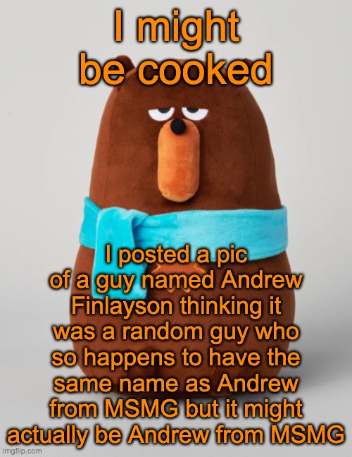 Please don't ban me Andrew | I might be cooked; I posted a pic of a guy named Andrew Finlayson thinking it was a random guy who so happens to have the same name as Andrew from MSMG but it might actually be Andrew from MSMG | image tagged in falstaff plush | made w/ Imgflip meme maker