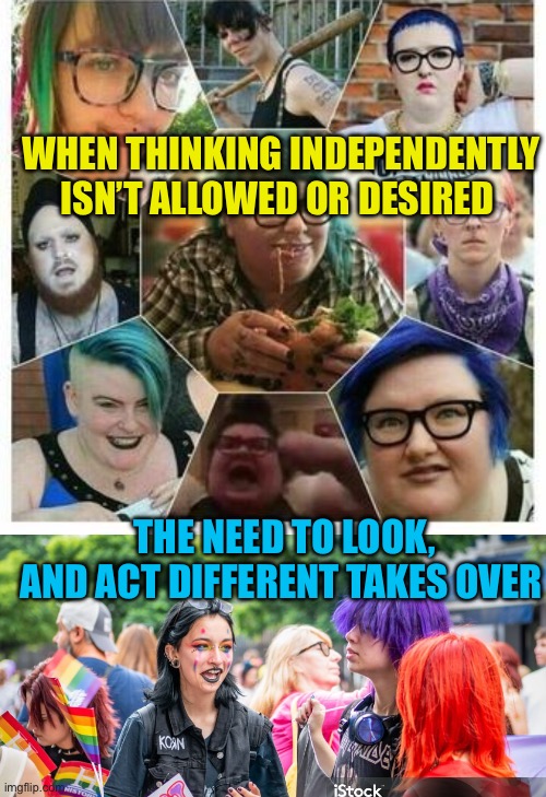When you can’t think different, look different | WHEN THINKING INDEPENDENTLY ISN’T ALLOWED OR DESIRED; THE NEED TO LOOK, AND ACT DIFFERENT TAKES OVER | image tagged in gifs,liberals,woke,group,democrats,democratic socialism | made w/ Imgflip meme maker