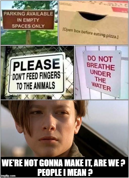 It Doesn't Look Good For Humanity ! | WE'RE NOT GONNA MAKE IT, ARE WE ? 
 PEOPLE I MEAN ? | image tagged in stupid signs,humanity,terminator 2 | made w/ Imgflip meme maker