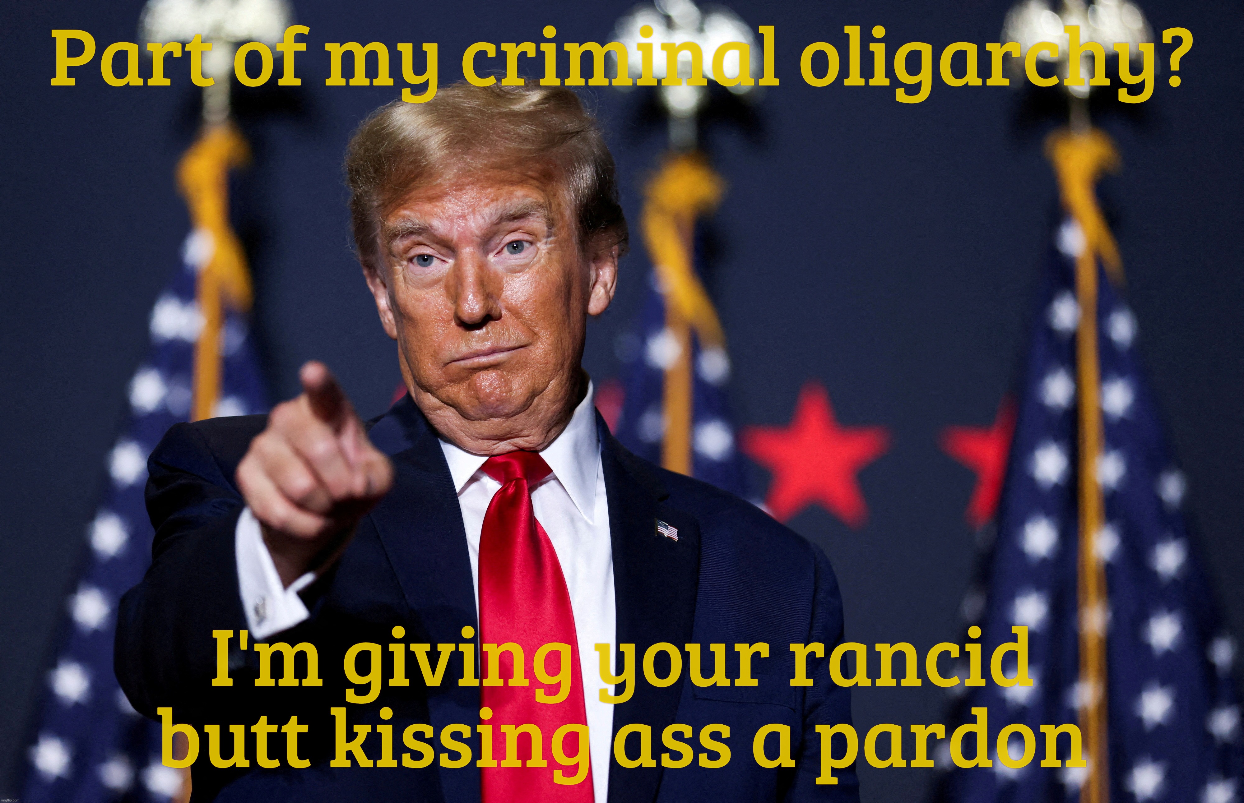 Trump pardoning the oligarchy and his criminal pals | Part of my criminal oligarchy? I'm giving your rancid butt kissing ass a pardon | image tagged in trump,pardoning rich criminals,oligarchy,draining the swamp right out of prison,conservative hypocrisy,law and hors d'oeuvres | made w/ Imgflip meme maker
