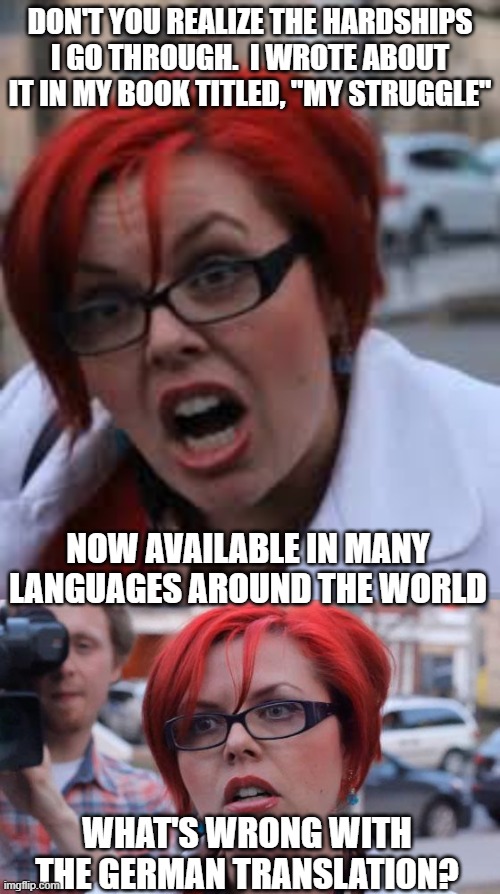 DON'T YOU REALIZE THE HARDSHIPS I GO THROUGH.  I WROTE ABOUT IT IN MY BOOK TITLED, "MY STRUGGLE"; NOW AVAILABLE IN MANY LANGUAGES AROUND THE WORLD; WHAT'S WRONG WITH THE GERMAN TRANSLATION? | image tagged in sjw triggered,angry feminist | made w/ Imgflip meme maker