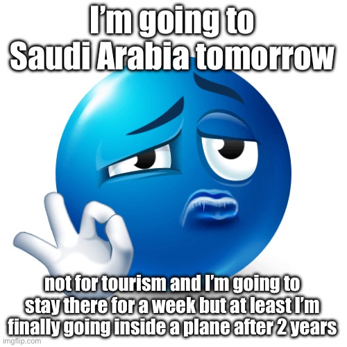 Blue emoji ok sign | I’m going to Saudi Arabia tomorrow; not for tourism and I’m going to stay there for a week but at least I’m finally going inside a plane after 2 years | image tagged in blue emoji ok sign | made w/ Imgflip meme maker