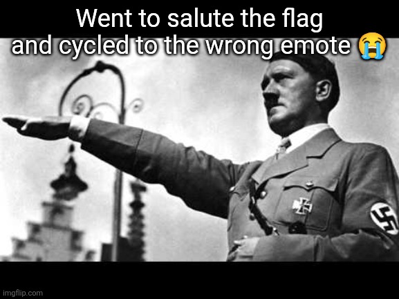 It's a meme bud, calm down. | Went to salute the flag and cycled to the wrong emote 😭 | image tagged in adolf sieg heil | made w/ Imgflip meme maker