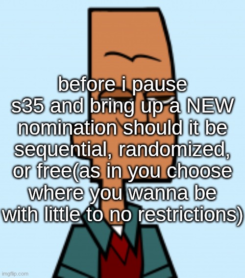 noah | before i pause s35 and bring up a NEW nomination should it be sequential, randomized, or free(as in you choose where you wanna be with little to no restrictions) | image tagged in noah | made w/ Imgflip meme maker