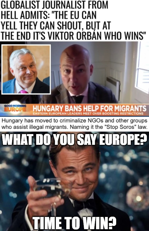 The woke globalist empire has to be stopped in its designing and propagandizing of countries. Here's a pep-talk | WHAT DO YOU SAY EUROPE? TIME TO WIN? | image tagged in leonardo dicaprio cheers,european union,europe,immigration,globalism | made w/ Imgflip meme maker