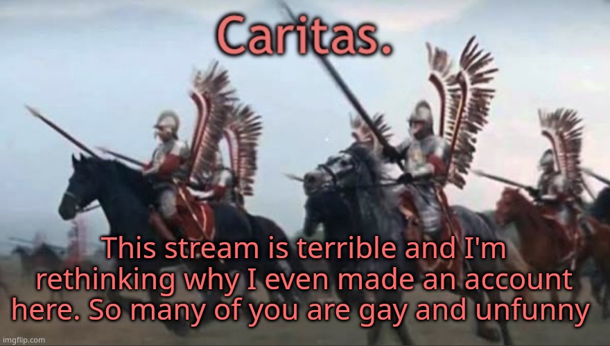 Caritas announcement template | This stream is terrible and I'm rethinking why I even made an account here. So many of you are gay and unfunny | image tagged in caritas announcement template | made w/ Imgflip meme maker