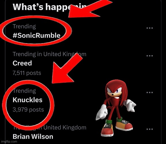 both sonic rumble and knuckles are trending lol | image tagged in meme,sonic the hedgehog,sonic,knuckles | made w/ Imgflip meme maker