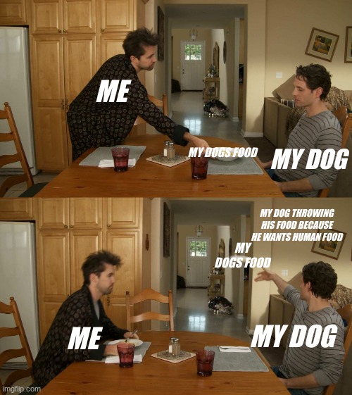 Plate toss | ME; MY DOG; MY DOGS FOOD; MY DOG THROWING HIS FOOD BECAUSE HE WANTS HUMAN FOOD; MY DOGS FOOD; ME; MY DOG | image tagged in plate toss | made w/ Imgflip meme maker