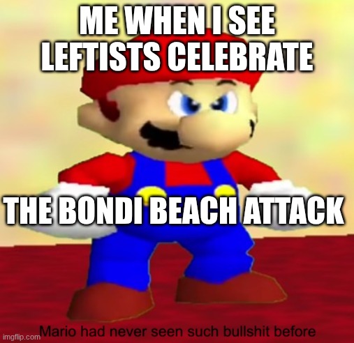 This is why I can't hate leftists enough! | ME WHEN I SEE LEFTISTS CELEBRATE; THE BONDI BEACH ATTACK | image tagged in mario had never seen such bullshit before | made w/ Imgflip meme maker