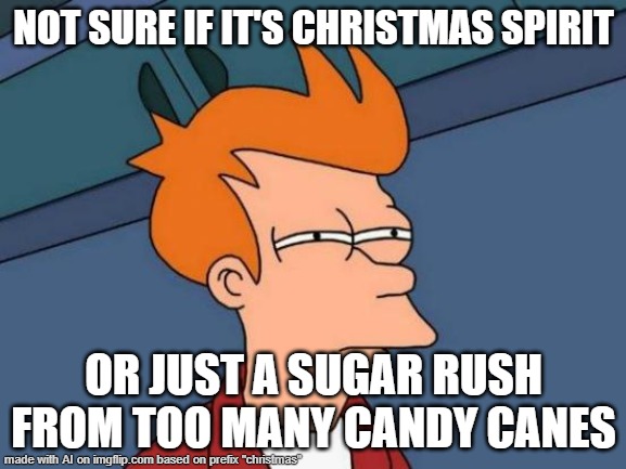 don't look at the tags! | NOT SURE IF IT'S CHRISTMAS SPIRIT; OR JUST A SUGAR RUSH FROM TOO MANY CANDY CANES | image tagged in memes,futurama fry,candy cane | made w/ Imgflip meme maker