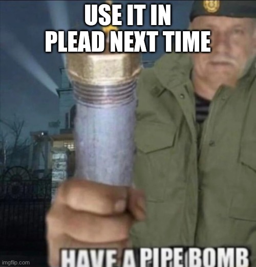 Have a pipe bomb | USE IT IN PLEAD NEXT TIME | image tagged in have a pipe bomb | made w/ Imgflip meme maker