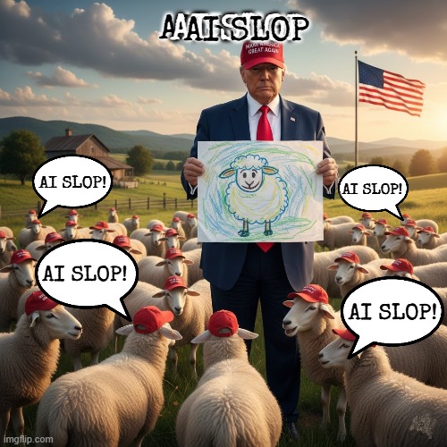 AI SLOP! | AI SLOP; AI SLOP; AI SLOP; AI SLOP! AI SLOP! AI SLOP! AI SLOP! | image tagged in ai slop,slop,trump,maga,sheep,no talent | made w/ Imgflip meme maker