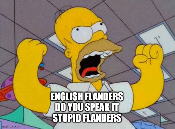 fist shaking homer | ENGLISH FLANDERS 
DO YOU SPEAK IT 
STUPID FLANDERS | image tagged in fist shaking homer | made w/ Imgflip meme maker