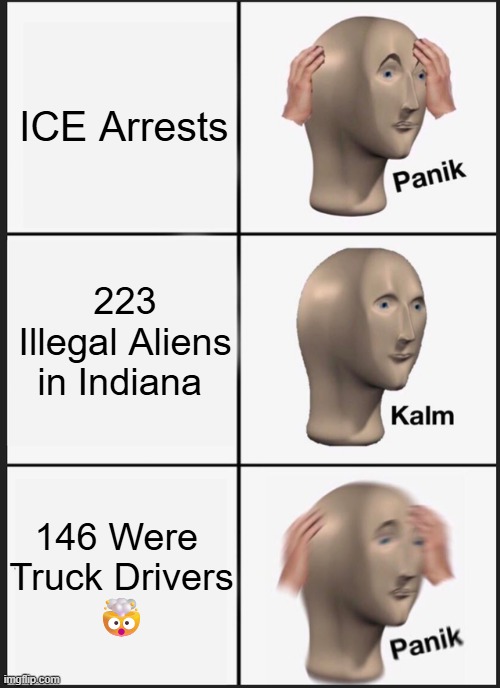 Not all had commercial driver’s licenses that were found to come primarily from Illinois, California, & New York. | ICE Arrests; 223 Illegal Aliens in Indiana; 146 Were 
Truck Drivers
🤯 | image tagged in panik kalm panik,ice,arrested,illegal aliens,truck driver,indiana | made w/ Imgflip meme maker