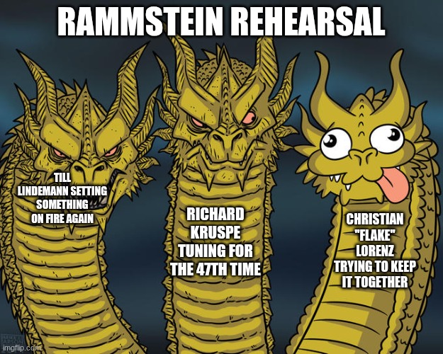 Three-headed Dragon | RAMMSTEIN REHEARSAL; TILL LINDEMANN SETTING SOMETHING ON FIRE AGAIN; RICHARD KRUSPE TUNING FOR THE 47TH TIME; CHRISTIAN "FLAKE" LORENZ TRYING TO KEEP IT TOGETHER | image tagged in three-headed dragon | made w/ Imgflip meme maker