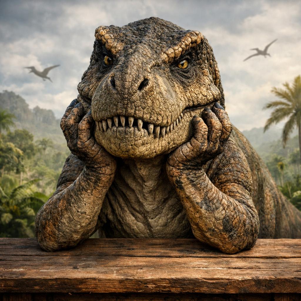 a t rex with elboes on the table Blank Meme Template