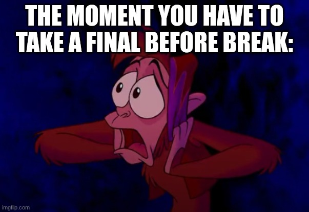 Why before break tho? | THE MOMENT YOU HAVE TO TAKE A FINAL BEFORE BREAK: | image tagged in abu shocked | made w/ Imgflip meme maker