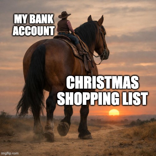 Tis the season | MY BANK ACCOUNT; CHRISTMAS SHOPPING LIST | image tagged in small cowboy big horse | made w/ Imgflip meme maker