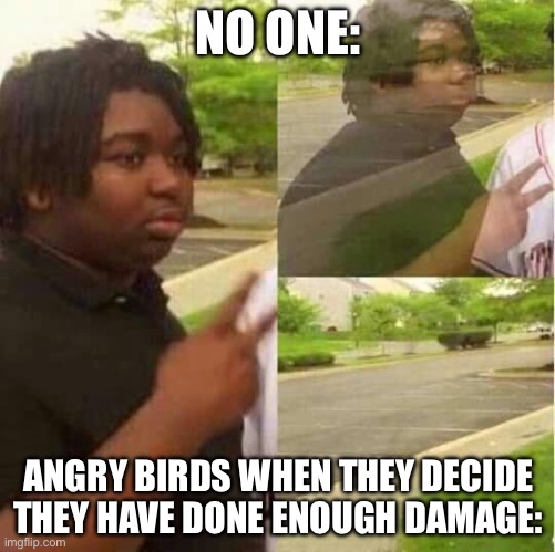 I find this funny | NO ONE:; ANGRY BIRDS WHEN THEY DECIDE THEY HAVE DONE ENOUGH DAMAGE: | image tagged in disappearing | made w/ Imgflip meme maker