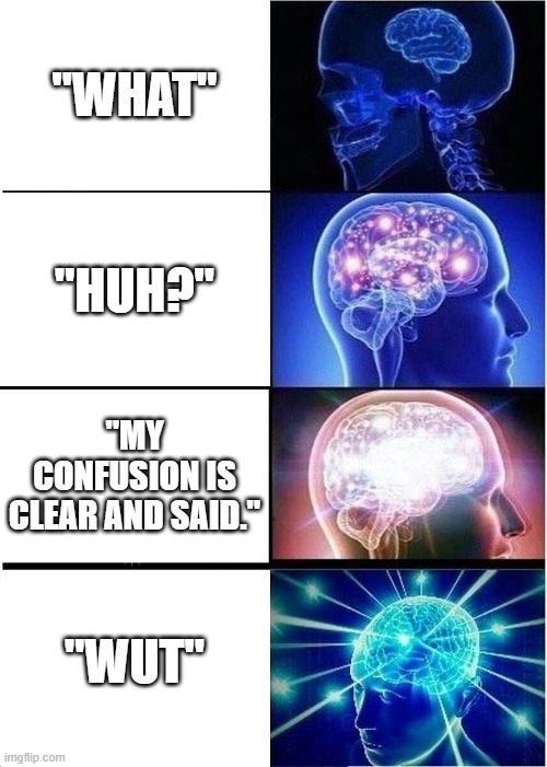 Expanding Brain | "WHAT"; "HUH?"; "MY CONFUSION IS CLEAR AND SAID."; "WUT" | image tagged in memes,expanding brain | made w/ Imgflip meme maker