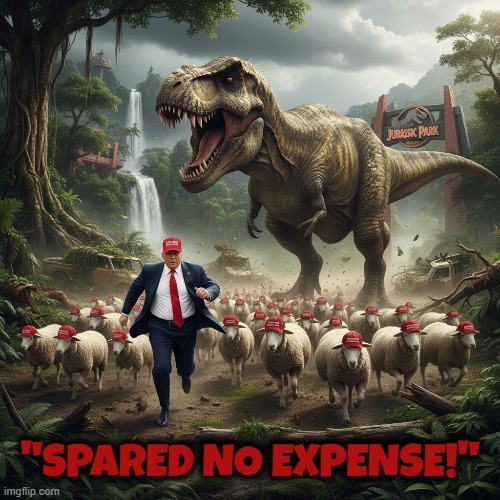 "Spared no expense!" | "SPARED NO EXPENSE!" | image tagged in spared no expense,trump,maga,tyrannosaurus rekt,tyrannosaurus rex,jurrasic park | made w/ Imgflip meme maker