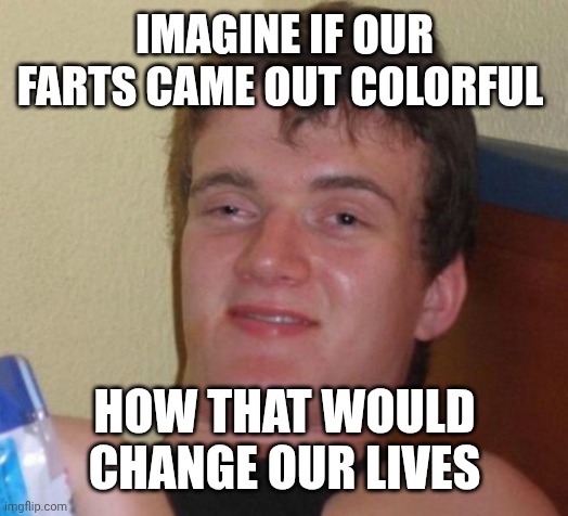 10 Guy | IMAGINE IF OUR FARTS CAME OUT COLORFUL; HOW THAT WOULD CHANGE OUR LIVES | image tagged in memes,10 guy | made w/ Imgflip meme maker